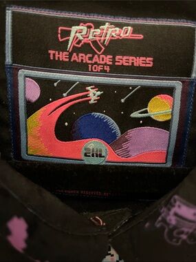 Retro The Arcade Series Black Casual Button-Down Shirt — Pink & Purple Graphic